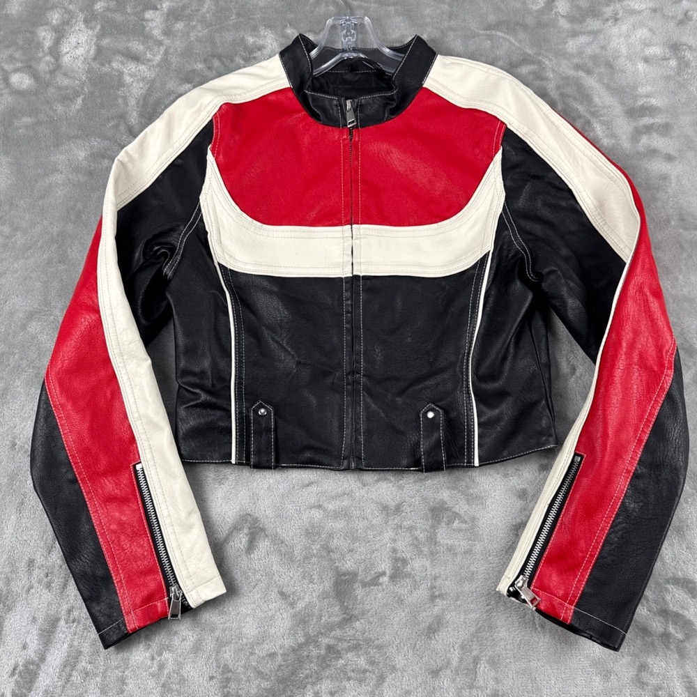 Urban Outfitters Faux Leather Colorblock Moto Biker Jacket Red Black White Small